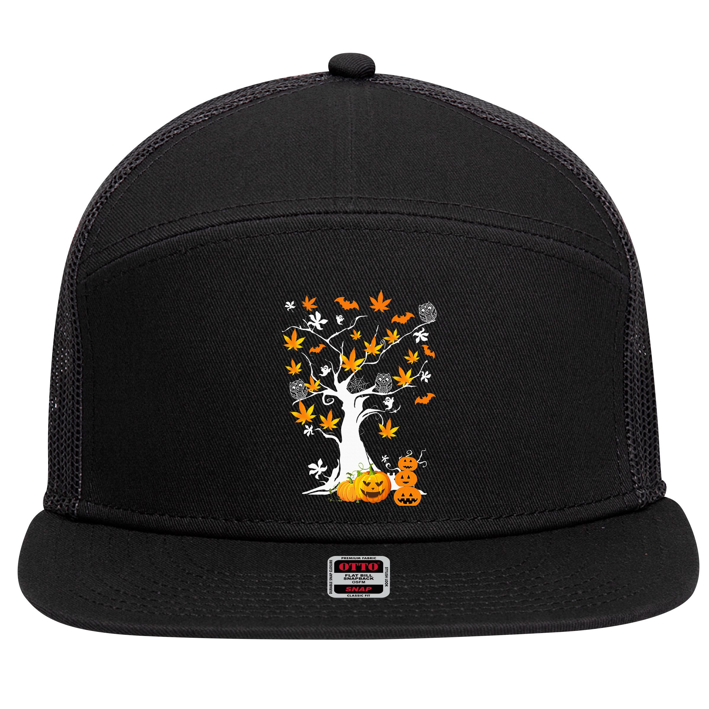 Spooky Cannabis Halloween Costume with Weed Leaf Tree Ghost Pumpkin 7 Panel Mesh Trucker Snapback Hat