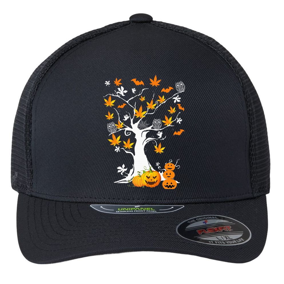 Spooky Cannabis Halloween Costume with Weed Leaf Tree Ghost Pumpkin Flexfit Unipanel Trucker Cap