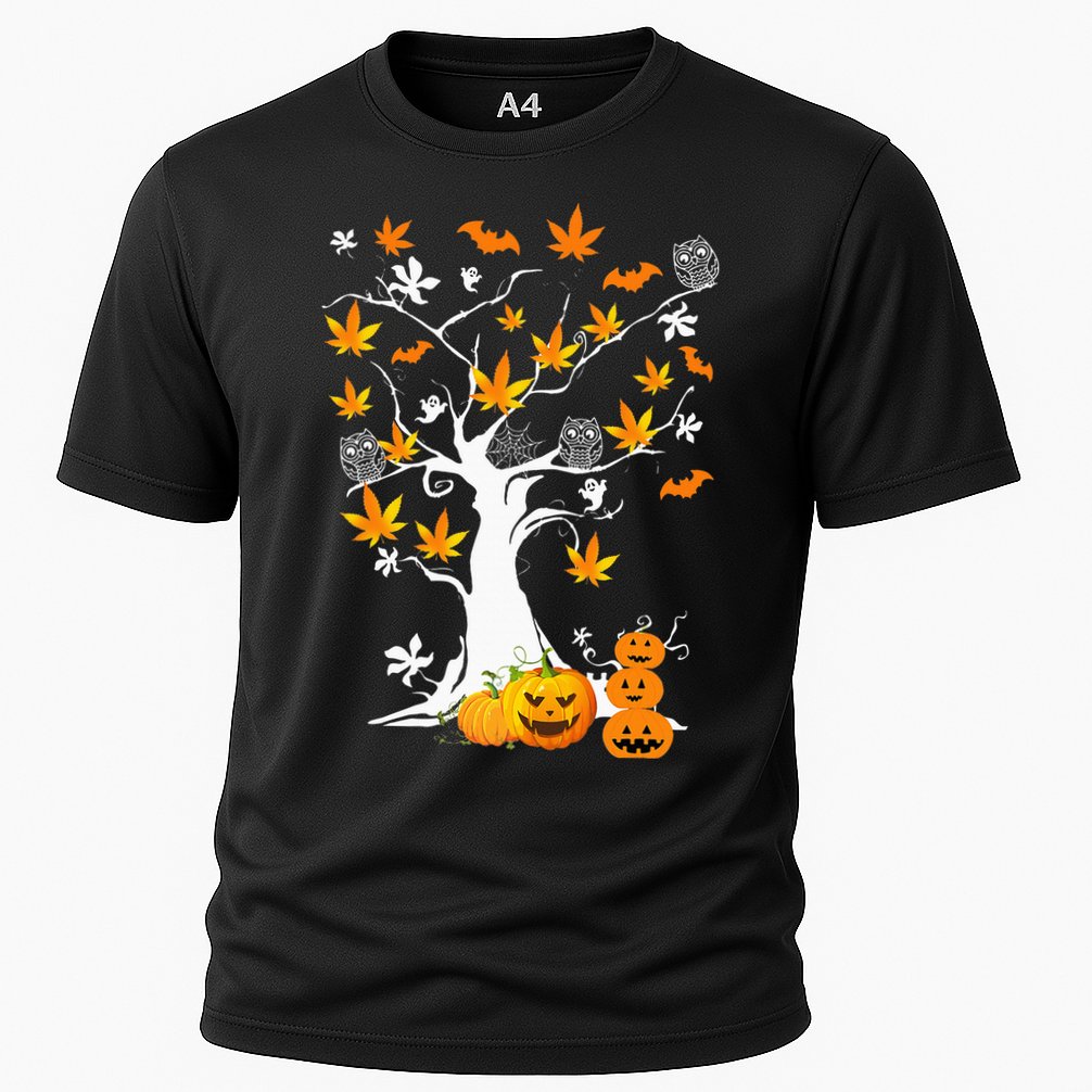 Spooky Cannabis Halloween Costume with Weed Leaf Tree Ghost Pumpkin Performance Shirt