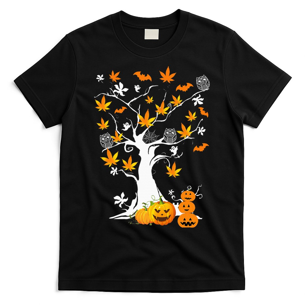 Spooky Cannabis Halloween Costume with Weed Leaf Tree Ghost Pumpkin T-Shirt