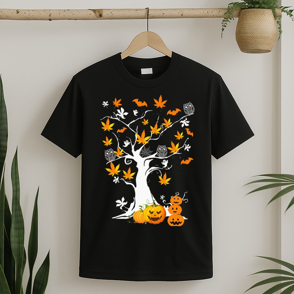 Spooky Cannabis Halloween Costume with Weed Leaf Tree Ghost Pumpkin T-Shirt