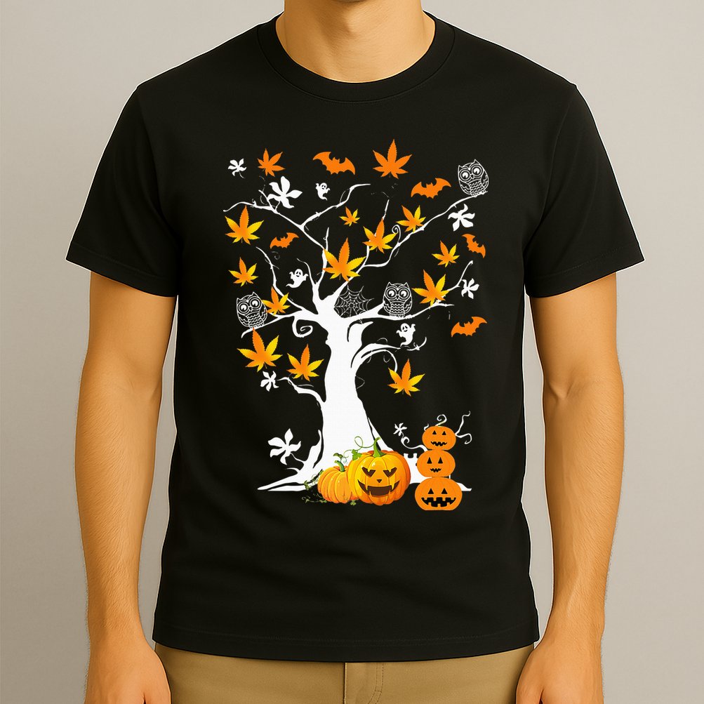 Spooky Cannabis Halloween Costume with Weed Leaf Tree Ghost Pumpkin T-Shirt