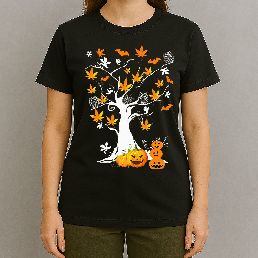 Spooky Cannabis Halloween Costume with Weed Leaf Tree Ghost Pumpkin T-Shirt