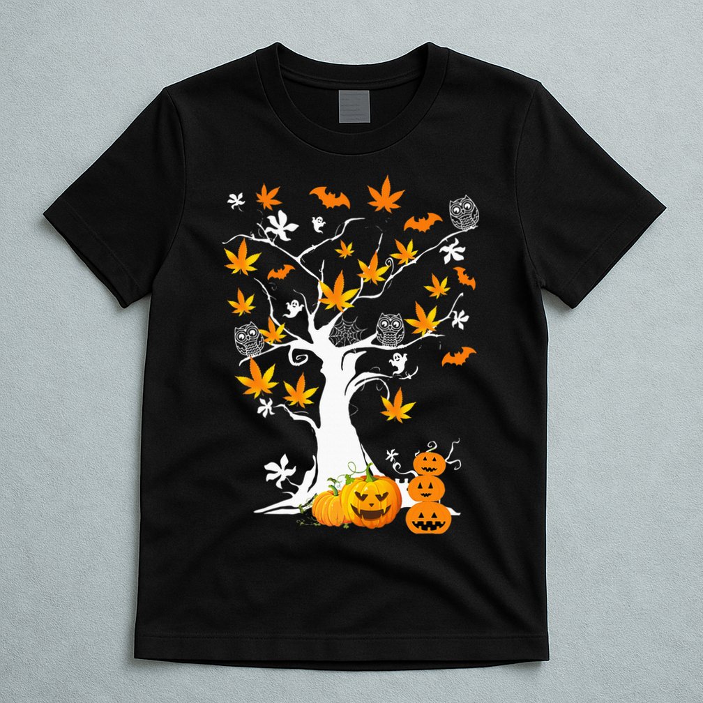 Spooky Cannabis Halloween Costume with Weed Leaf Tree Ghost Pumpkin T-Shirt