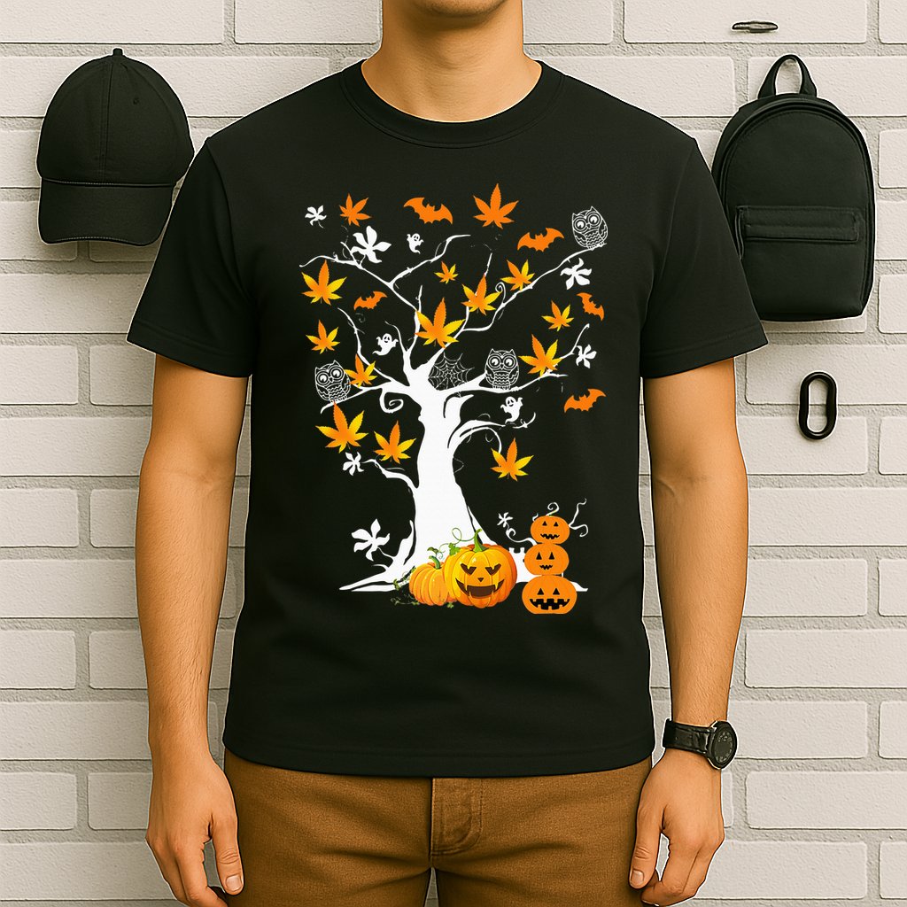 Spooky Cannabis Halloween Costume with Weed Leaf Tree Ghost Pumpkin T-Shirt