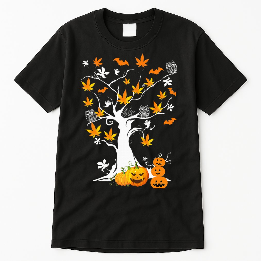 Spooky Cannabis Halloween Costume with Weed Leaf Tree Ghost Pumpkin Tall T-Shirt