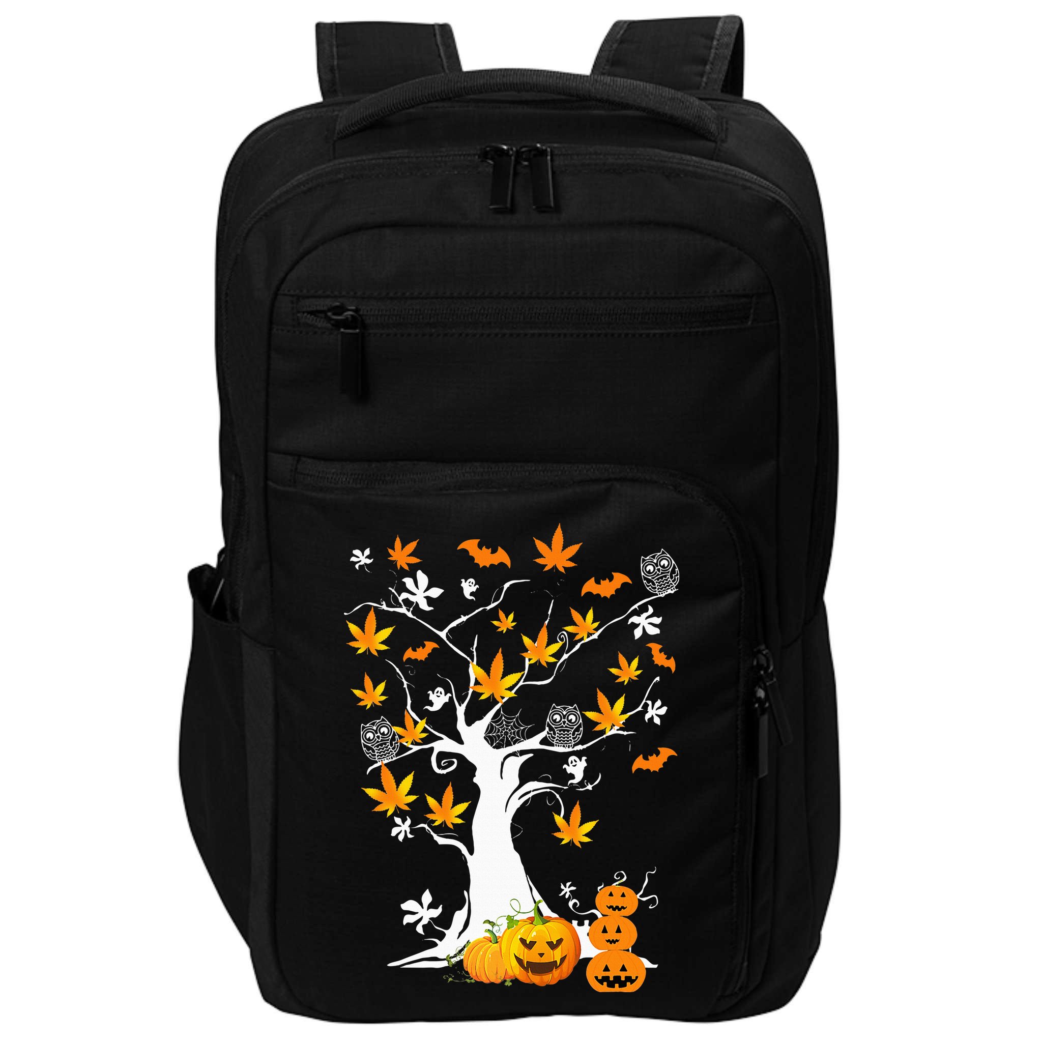 Spooky Cannabis Halloween Costume with Weed Leaf Tree Ghost Pumpkin Impact Tech Backpack