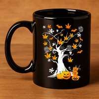 Spooky Cannabis Halloween Costume with Weed Leaf Tree Ghost Pumpkin 11oz C Handle Ceramic Mug