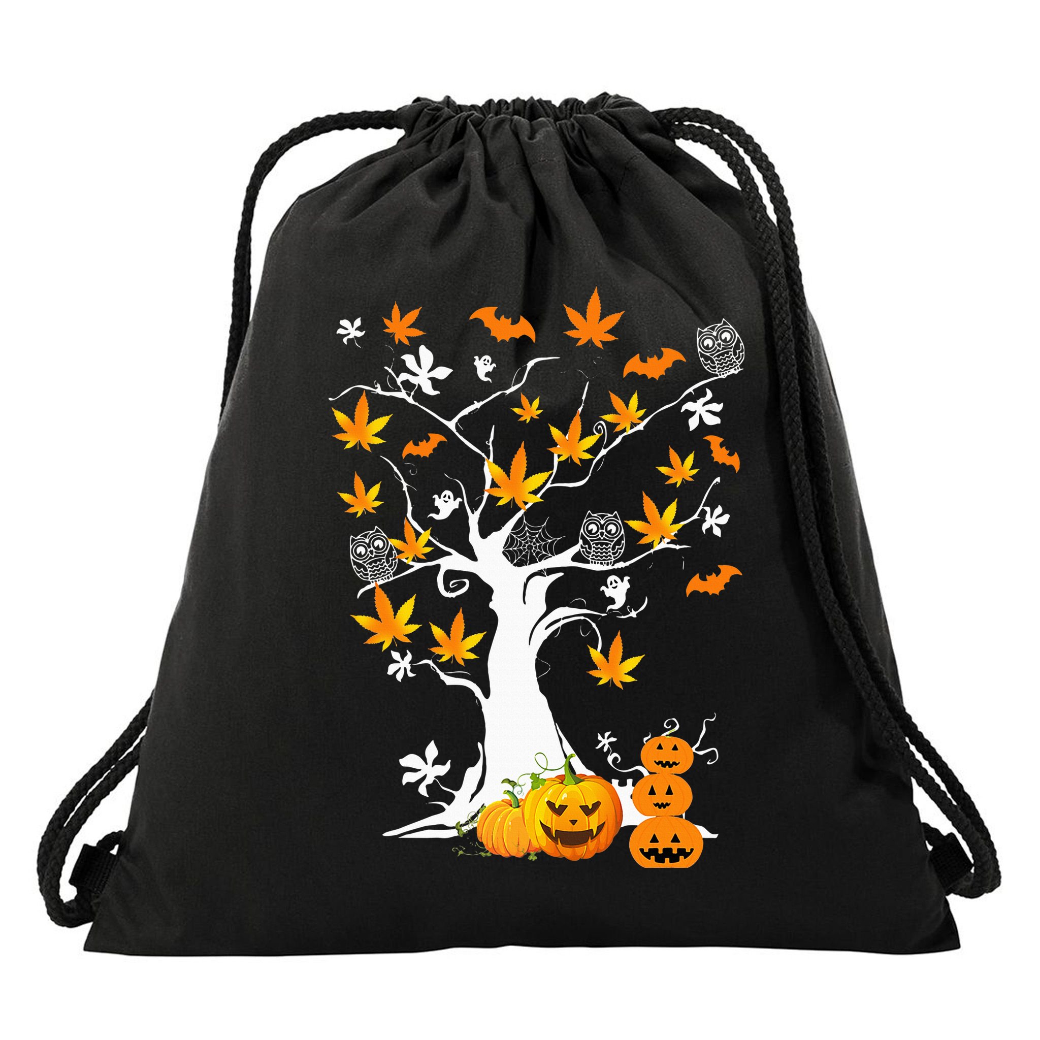 Spooky Cannabis Halloween Costume with Weed Leaf Tree Ghost Pumpkin Drawstring Bag
