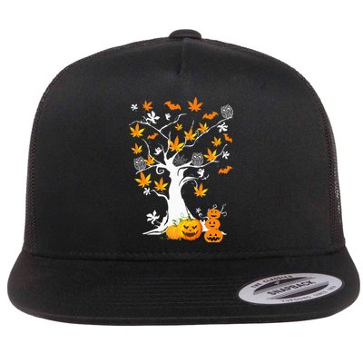 Spooky Cannabis Halloween Costume with Weed Leaf Tree Ghost Pumpkin Flatbill Hat