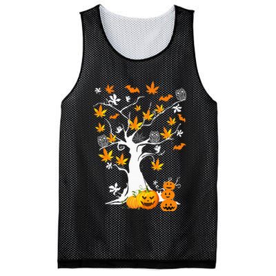 Spooky Cannabis Halloween Costume with Weed Leaf Tree Ghost Pumpkin Mesh Reversible Basketball Jersey Tank