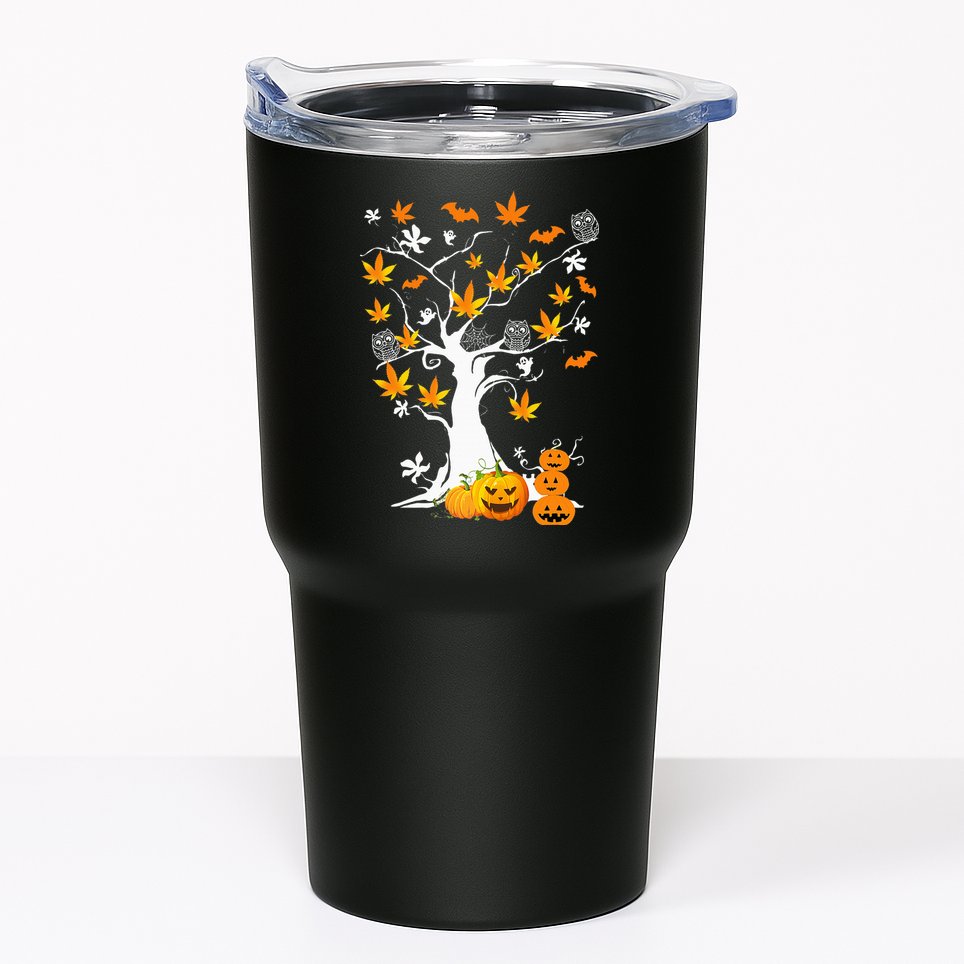 Spooky Cannabis Halloween Costume with Weed Leaf Tree Ghost Pumpkin Tumbler