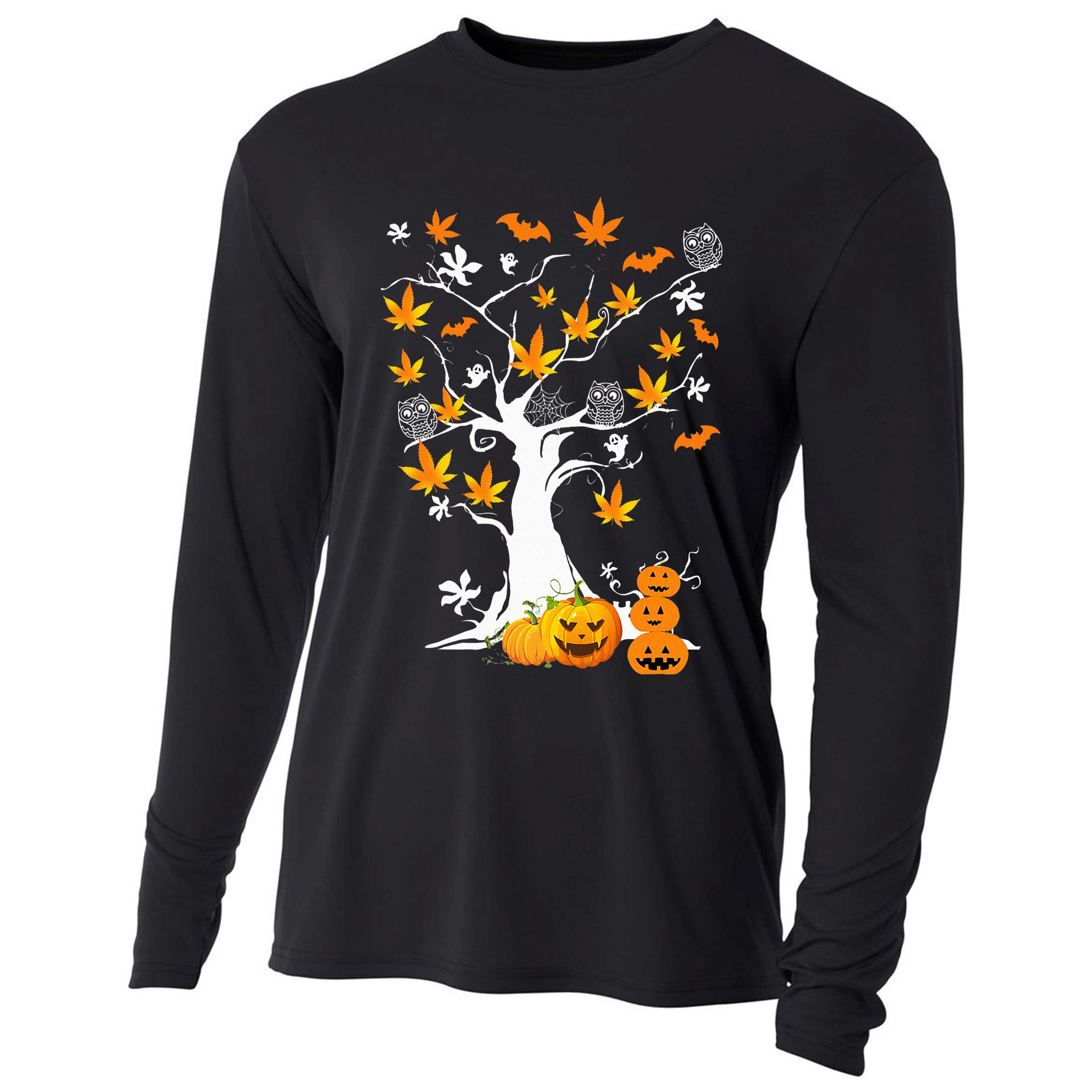 Spooky Cannabis Halloween Costume with Weed Leaf Tree Ghost Pumpkin Cooling Performance Long Sleeve Crew