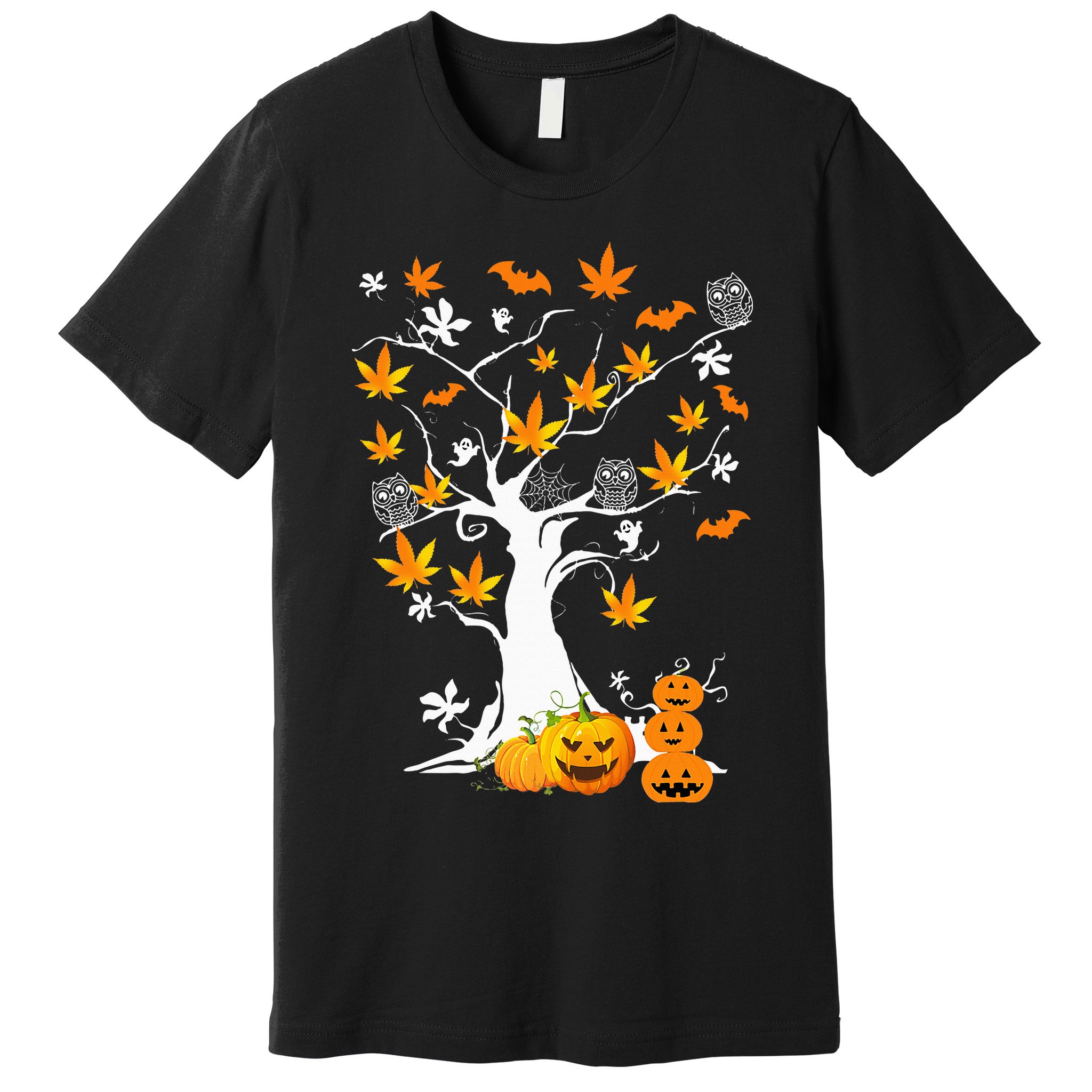 Spooky Cannabis Halloween Costume with Weed Leaf Tree Ghost Pumpkin Premium T-Shirt