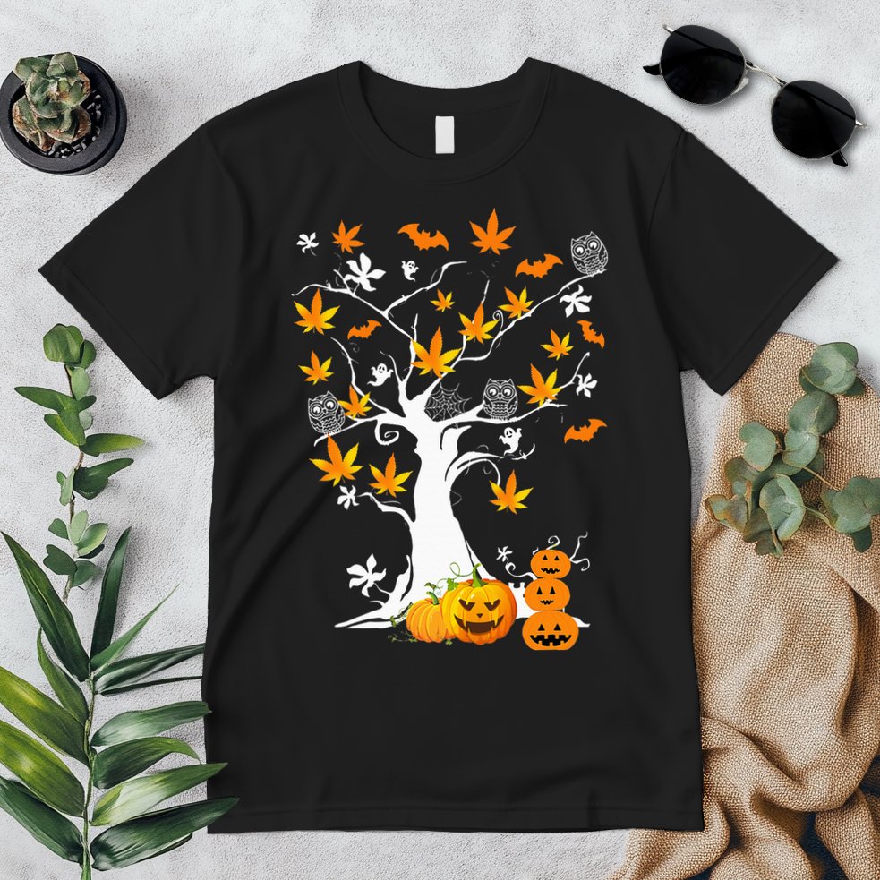 Spooky Cannabis Halloween Costume with Weed Leaf Tree Ghost Pumpkin Premium T-Shirt