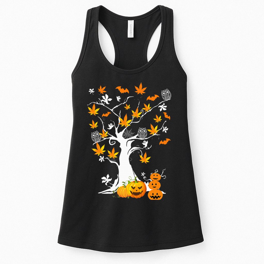 Spooky Cannabis Halloween Costume with Weed Leaf Tree Ghost Pumpkin Womens Tank Top