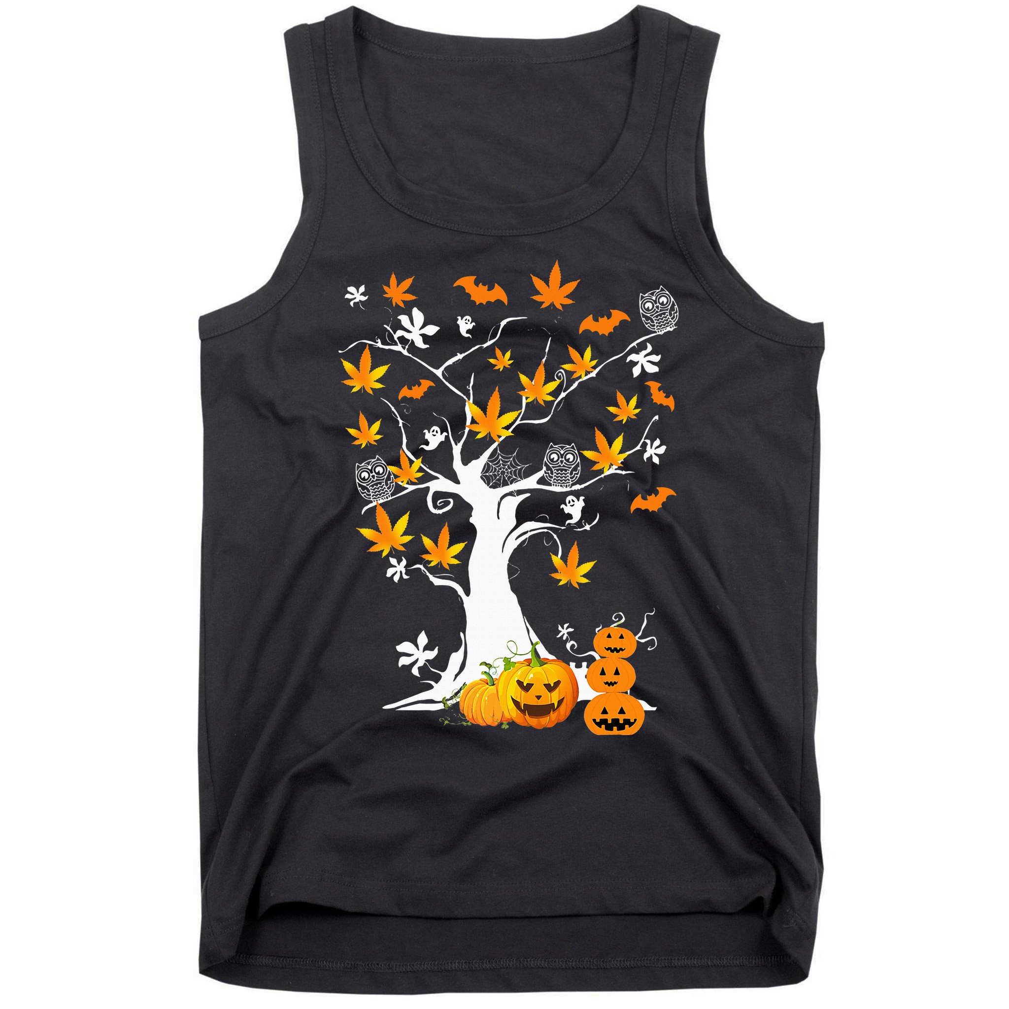 Spooky Cannabis Halloween Costume with Weed Leaf Tree Ghost Pumpkin Tank Top