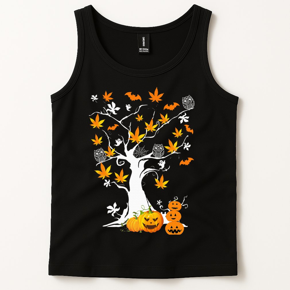 Spooky Cannabis Halloween Costume with Weed Leaf Tree Ghost Pumpkin Tank Top