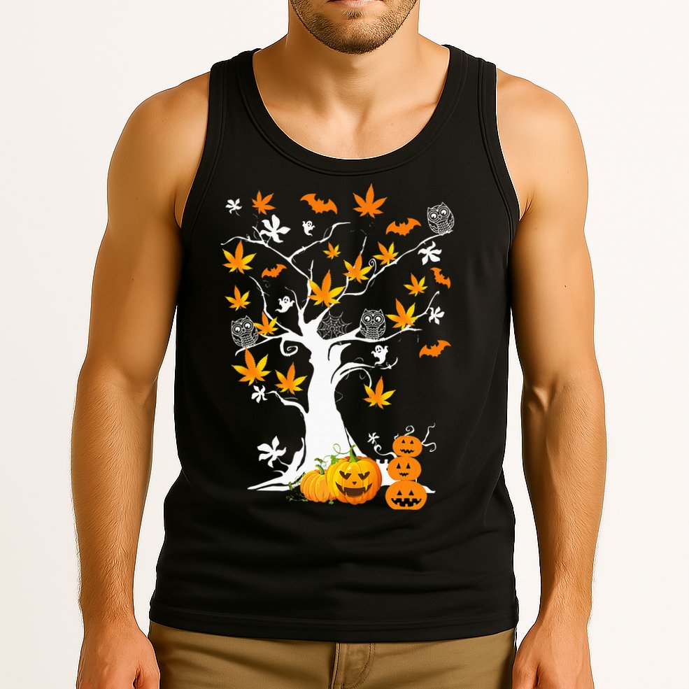 Spooky Cannabis Halloween Costume with Weed Leaf Tree Ghost Pumpkin Tank Top