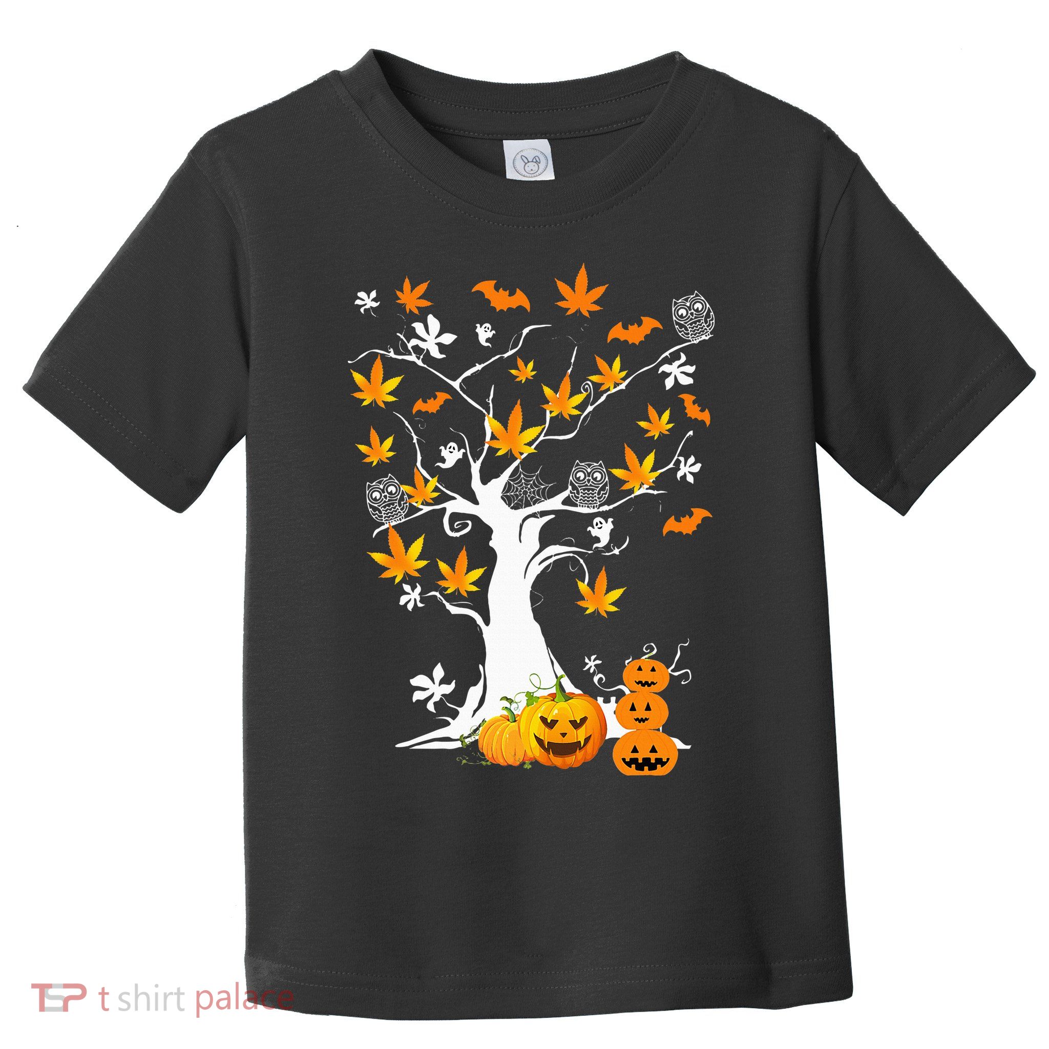 Spooky Cannabis Halloween Costume with Weed Leaf Tree Ghost Pumpkin Toddler T-Shirt