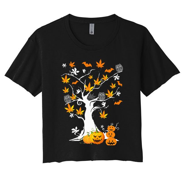 Spooky Cannabis Halloween Costume with Weed Leaf Tree Ghost Pumpkin Crop Top