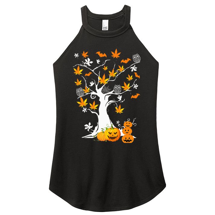Spooky Cannabis Halloween Costume with Weed Leaf Tree Ghost Pumpkin Women's Perfect Tri Rocker Tank