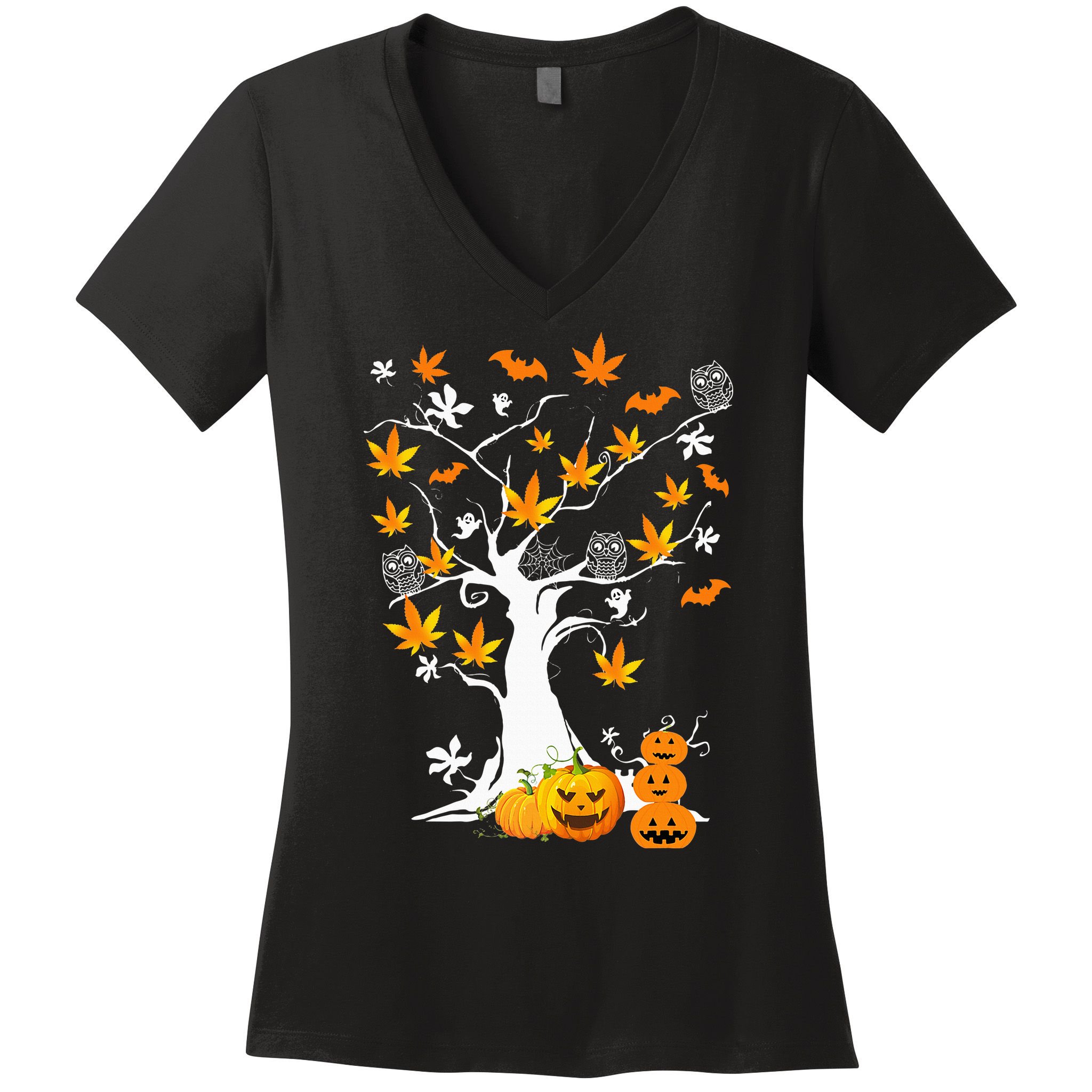 Spooky Cannabis Halloween Costume with Weed Leaf Tree Ghost Pumpkin Women's V-Neck T-Shirt