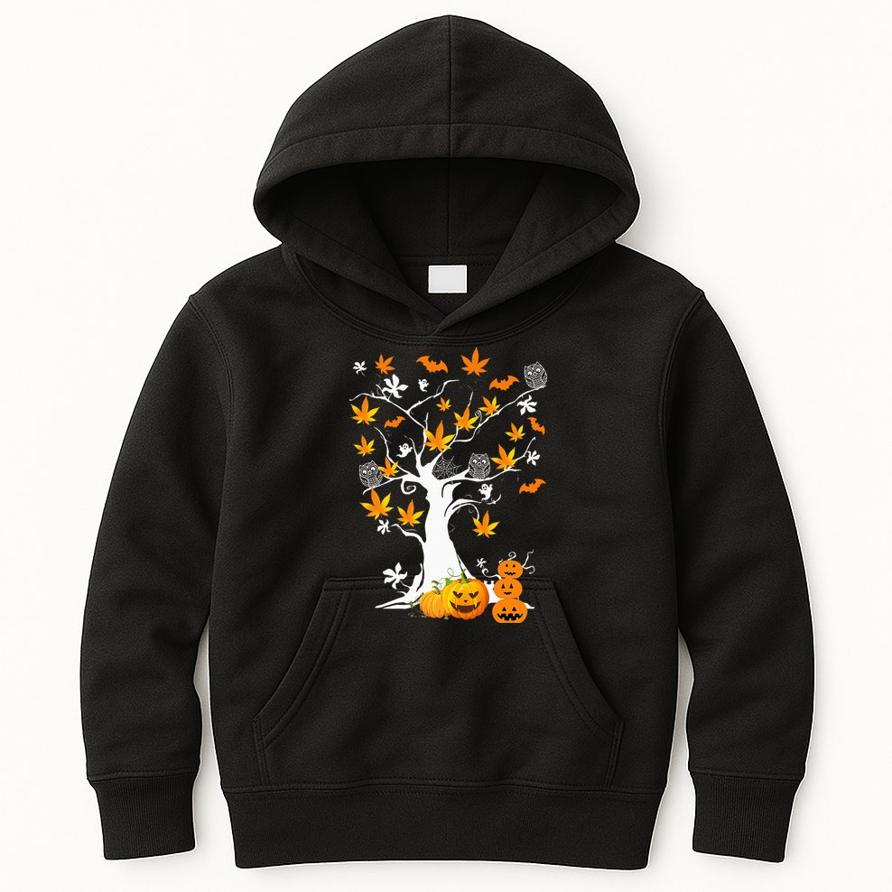 Spooky Cannabis Halloween Costume with Weed Leaf Tree Ghost Pumpkin Kids Hoodie