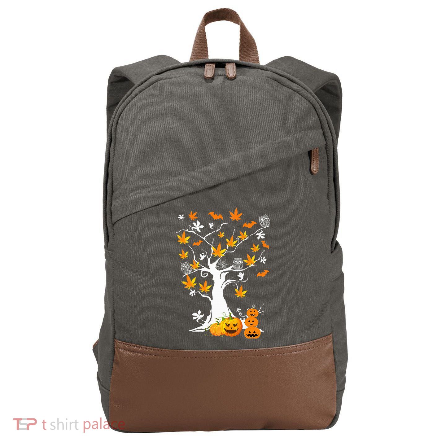Spooky Cannabis Halloween Costume with Weed Leaf Tree Ghost Pumpkin Cotton Canvas Backpack
