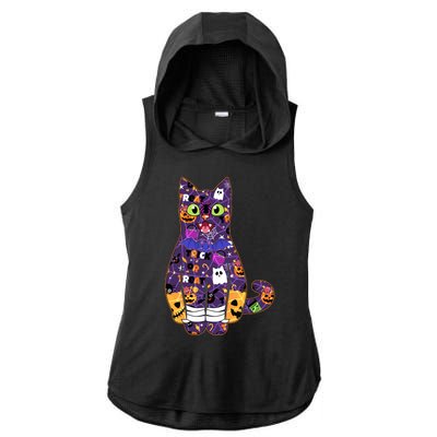 Spooky Cute Halloween Pattern Kitty Cat Ladies PosiCharge Tri-Blend Wicking Draft Hoodie Tank