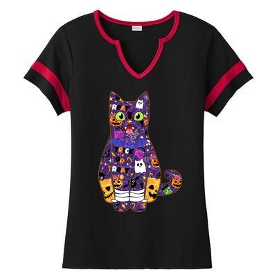 Spooky Cute Halloween Pattern Kitty Cat Ladies Halftime Notch Neck Tee