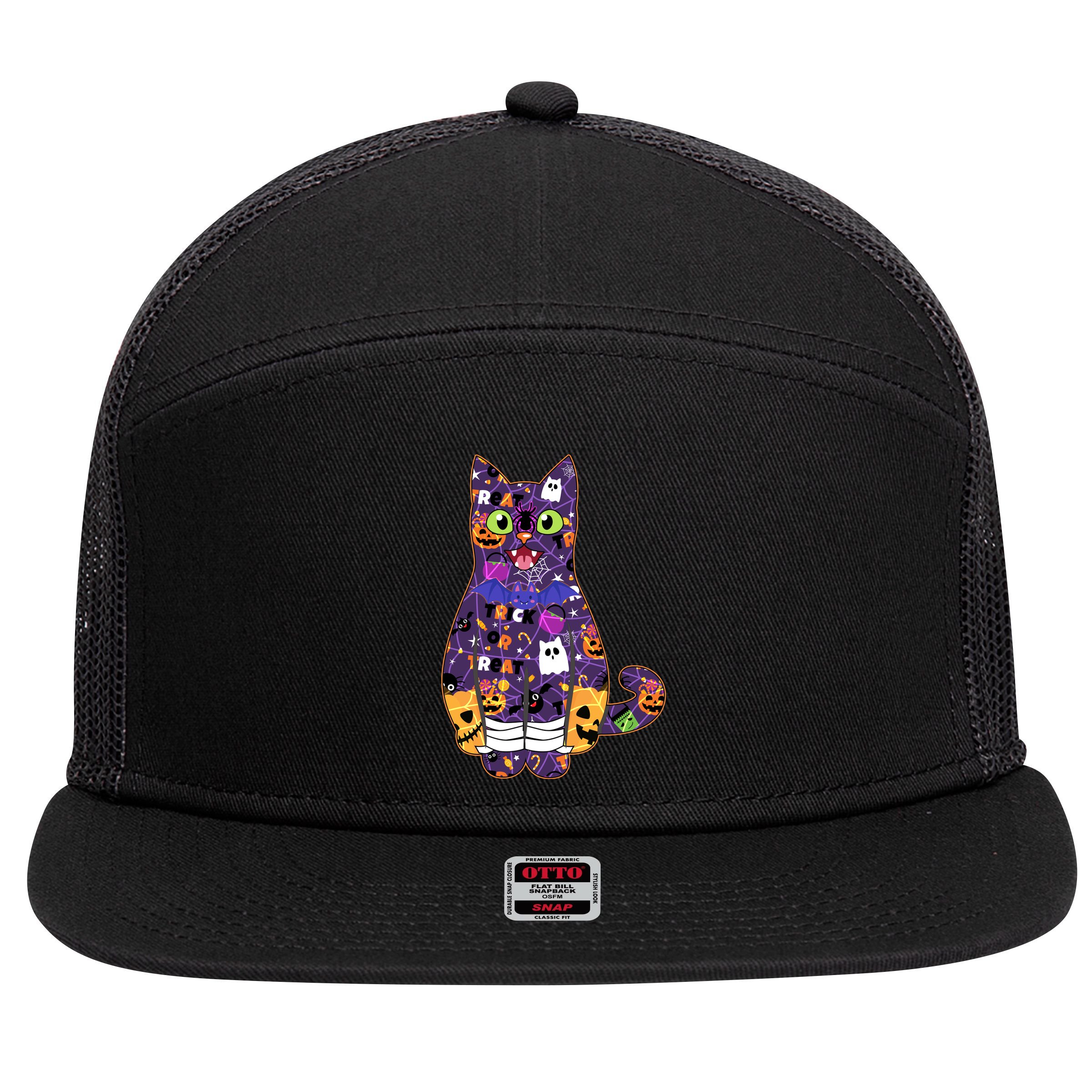 Spooky Cute Halloween Pattern Kitty Cat 7 Panel Mesh Trucker Snapback Hat