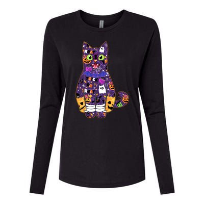 Spooky Cute Halloween Pattern Kitty Cat Womens Cotton Relaxed Long Sleeve T-Shirt