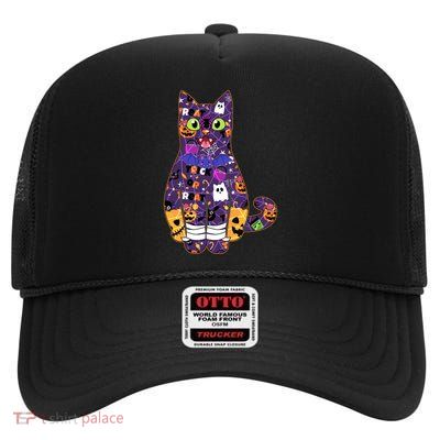 Spooky Cute Halloween Pattern Kitty Cat High Crown Mesh Back Trucker Hat