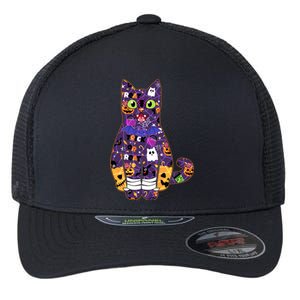 Spooky Cute Halloween Pattern Kitty Cat Flexfit Unipanel Trucker Cap