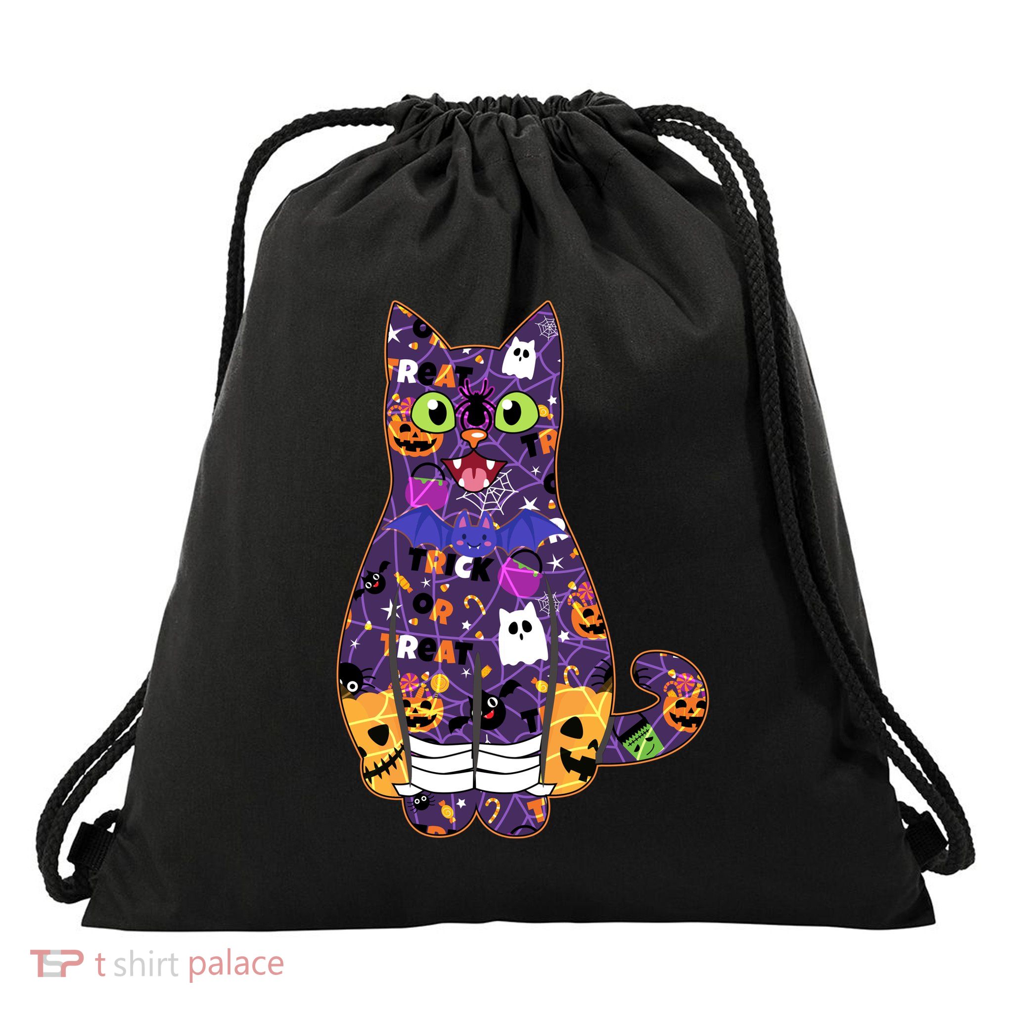 Spooky Cute Halloween Pattern Kitty Cat Drawstring Bag