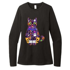 Spooky Cute Halloween Pattern Kitty Cat Womens CVC Long Sleeve Shirt