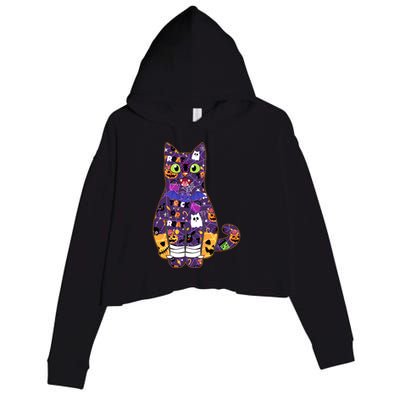 Spooky Cute Halloween Pattern Kitty Cat Crop Fleece Hoodie