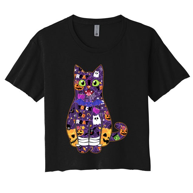 Spooky Cute Halloween Pattern Kitty Cat Crop Top