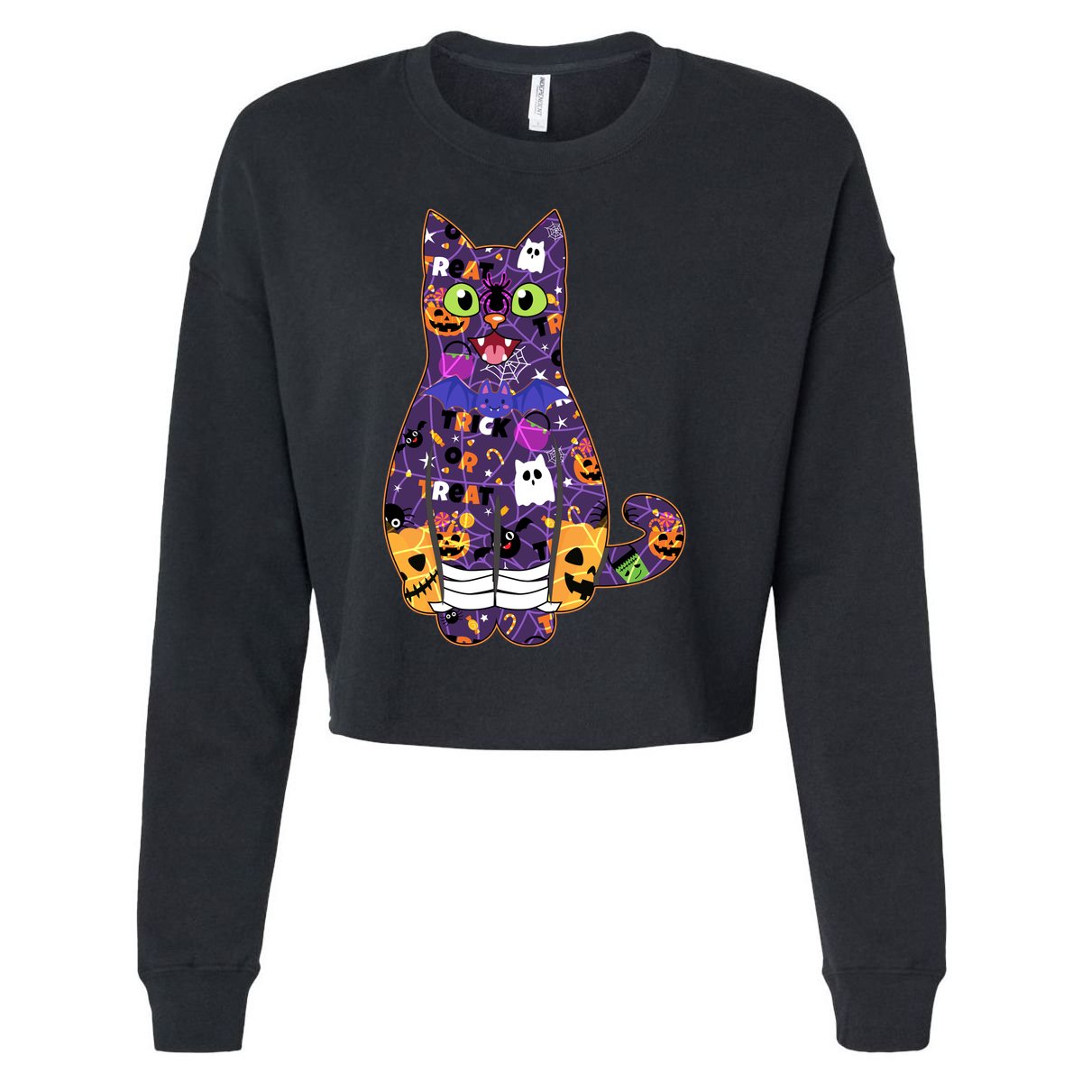 Spooky Cute Halloween Pattern Kitty Cat Cropped Pullover Crew