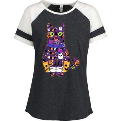 Spooky Cute Halloween Pattern Kitty Cat Enza Ladies Jersey Colorblock Tee