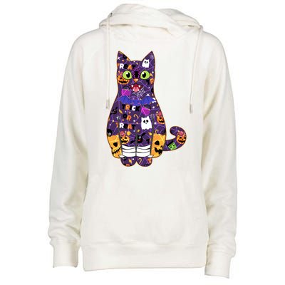 Spooky Cute Halloween Pattern Kitty Cat Womens Funnel Neck Pullover Hood