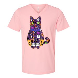 Spooky Cute Halloween Pattern Kitty Cat V-Neck T-Shirt