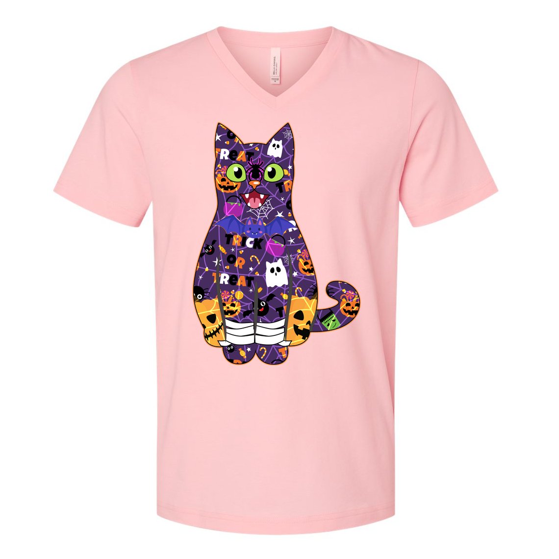 Spooky Cute Halloween Pattern Kitty Cat V-Neck T-Shirt