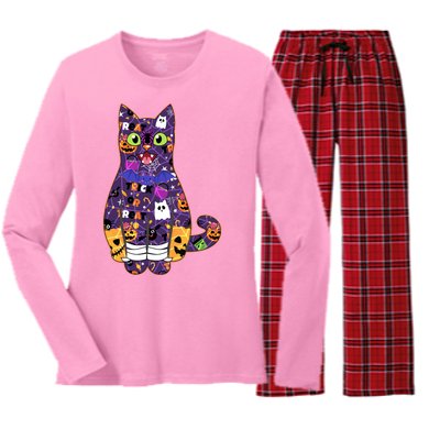 Spooky Cute Halloween Pattern Kitty Cat Women's Long Sleeve Flannel Pajama Set 