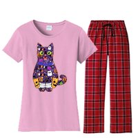 Spooky Cute Halloween Pattern Kitty Cat Women's Flannel Pajama Set