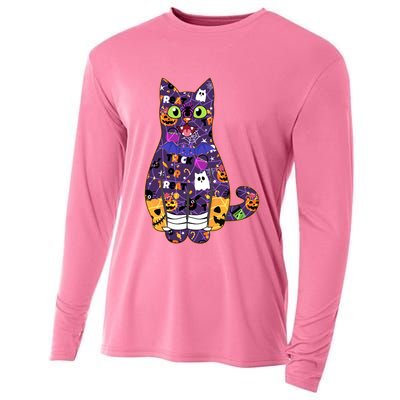 Spooky Cute Halloween Pattern Kitty Cat Cooling Performance Long Sleeve Crew
