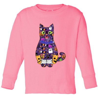 Spooky Cute Halloween Pattern Kitty Cat Toddler Long Sleeve Shirt