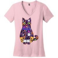 Spooky Cute Halloween Pattern Kitty Cat Women's V-Neck T-Shirt