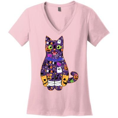 Spooky Cute Halloween Pattern Kitty Cat Women's V-Neck T-Shirt